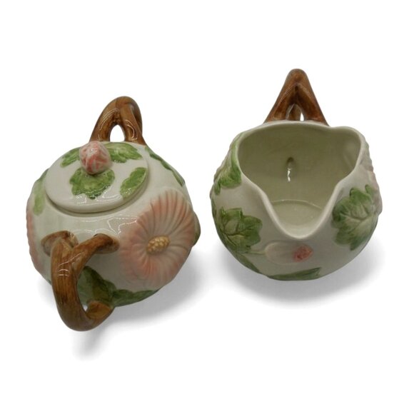 FITZ and FLOYD Hibiscus Floral Sugar and Creamer Set 1987 Vintage - Picture 2 of 11